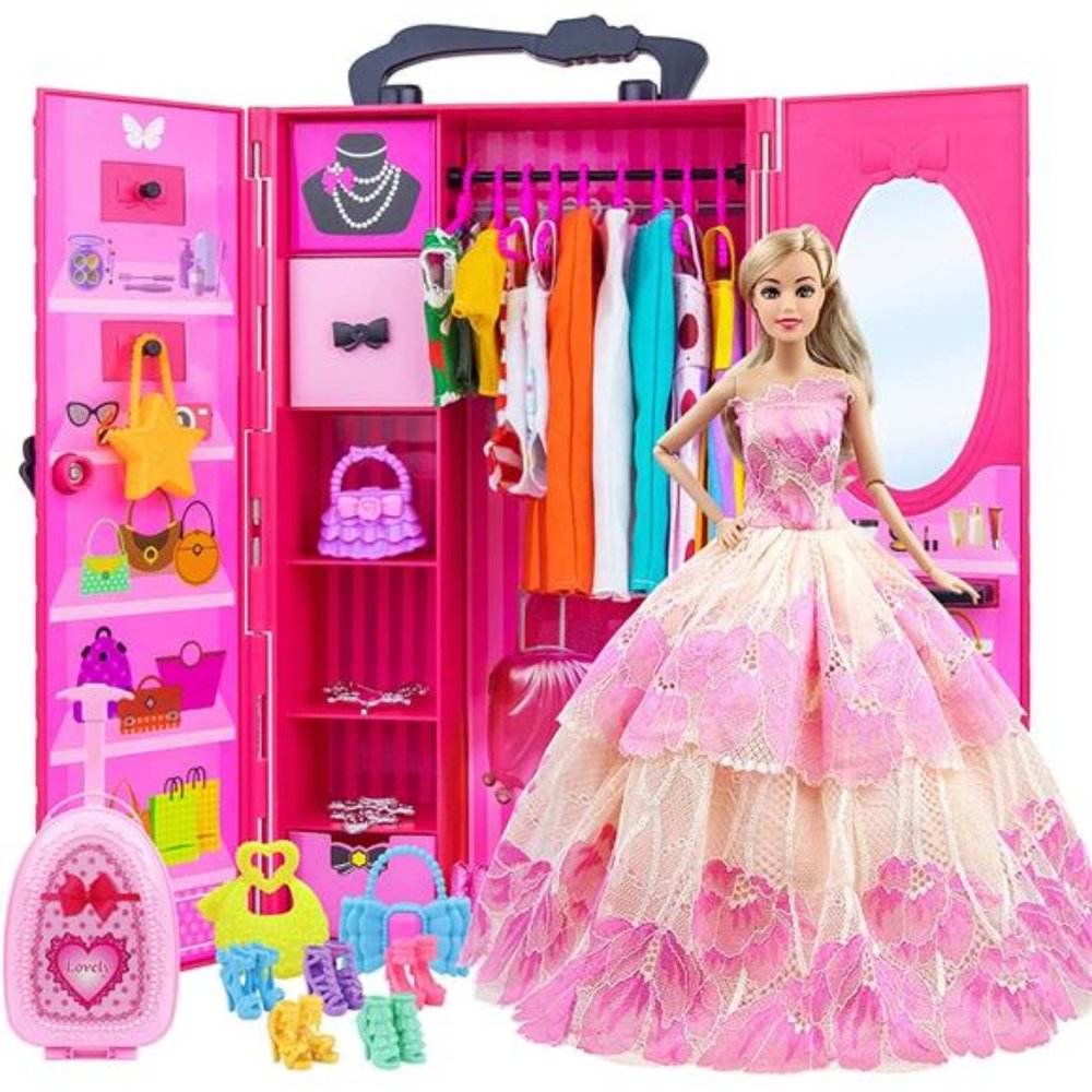 11.5 Inch Girl Doll Closet Wardrobe with Clothes and Accessories Set